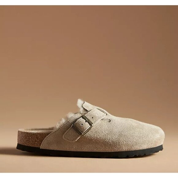 Birkenstock Shoes - NEW Birkenstock Boston Shearling Mules Womens 38 7 7.5 Taupe Suede Cozy Comfort
